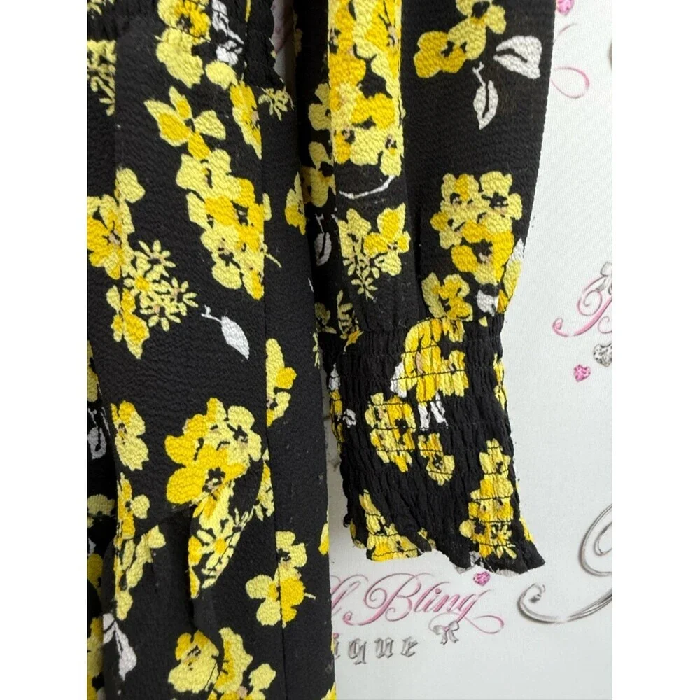 Michael Kors dress flowers V neck flowy Black Dress with Yellow Floral Print